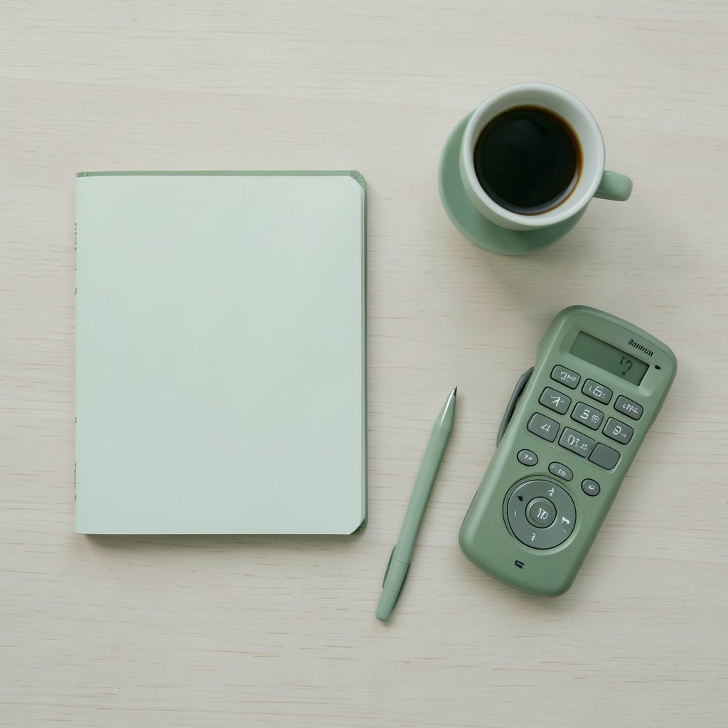 Vista zenital d'un escriptori de treball amb tons verds apagats i beix, amb una llibreta oberta, un telèfon i una tassa de cafè disposats ordenadament sobre una superfície de fusta clara.