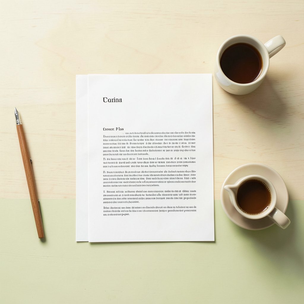 Primer pla d'una superfície de taula de fusta clara amb un document imprès, una ploma estilogràfica i una tassa de cafè, en tons càlids de beix, marró i crema.